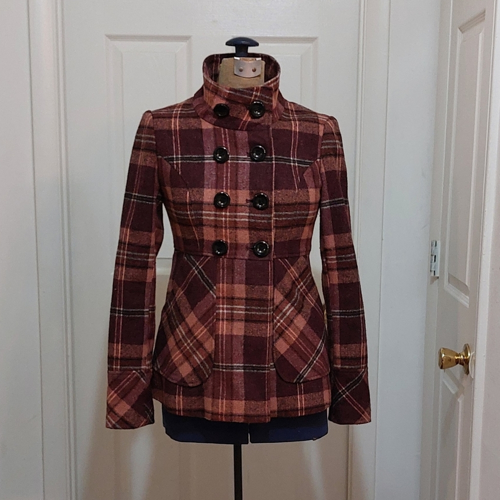 Y2K American Rag Burgundy Plaid Double-Breasted Pea Coat Size XS